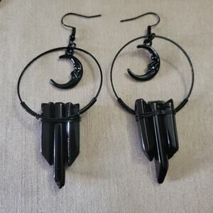 Black Gothic Crystal & Crescent Moon Witchy Hoop Earrings